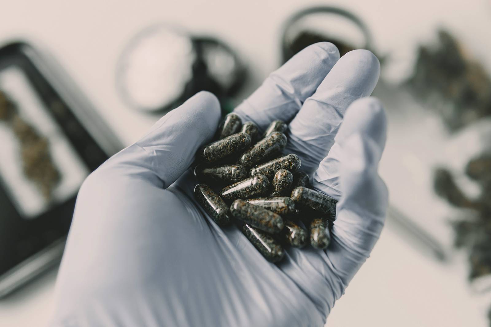 Pharmaceutical gloved hand holding cannabis extract capsules for medical cannabis treatment in the UK