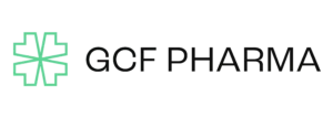 GCF Pharma official logo with green medical cross and black text on a transparent background
