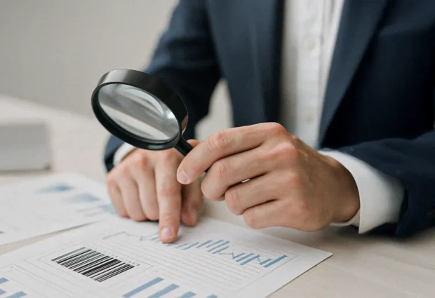 Businessman examining supply chain barcode and analytics data with magnifying glass to ensure traceability in the medical cannabis UK market