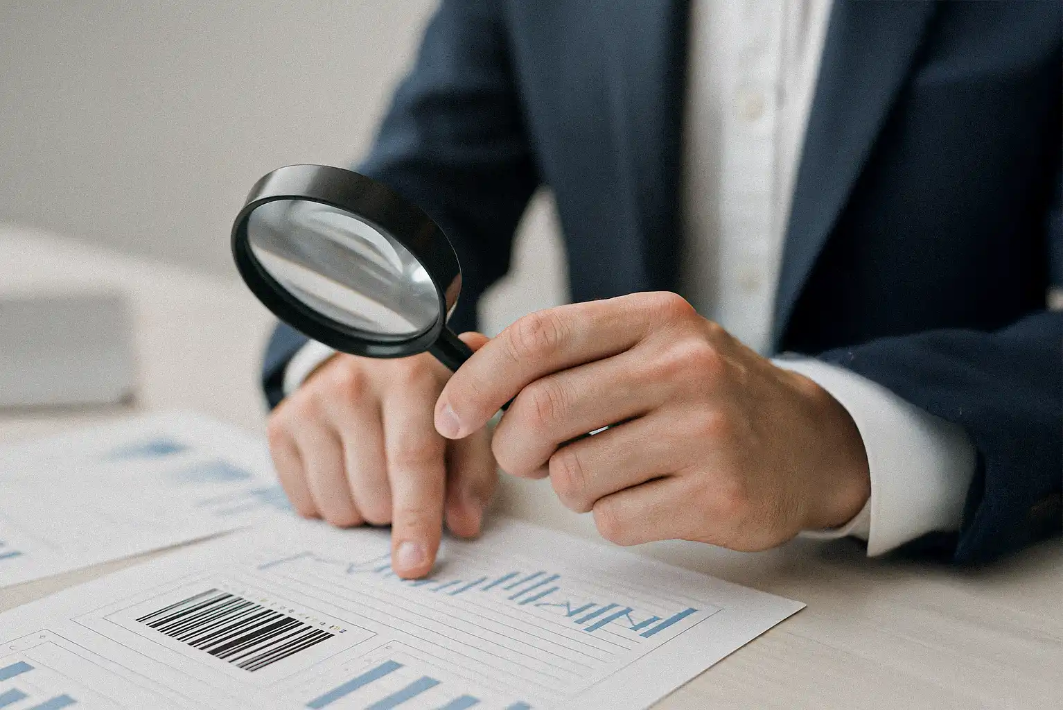 Businessman examining supply chain barcode and analytics data with magnifying glass to ensure traceability in the medical cannabis UK market