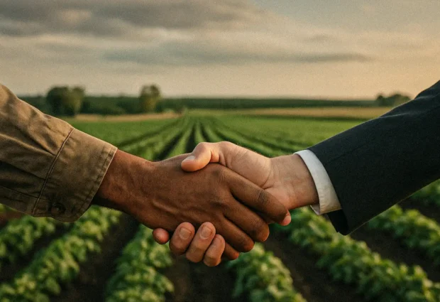 Handshake between farmer and executive in front of farmland symbolising ethical sourcing and global compliance in the medical cannabis UK supply chain