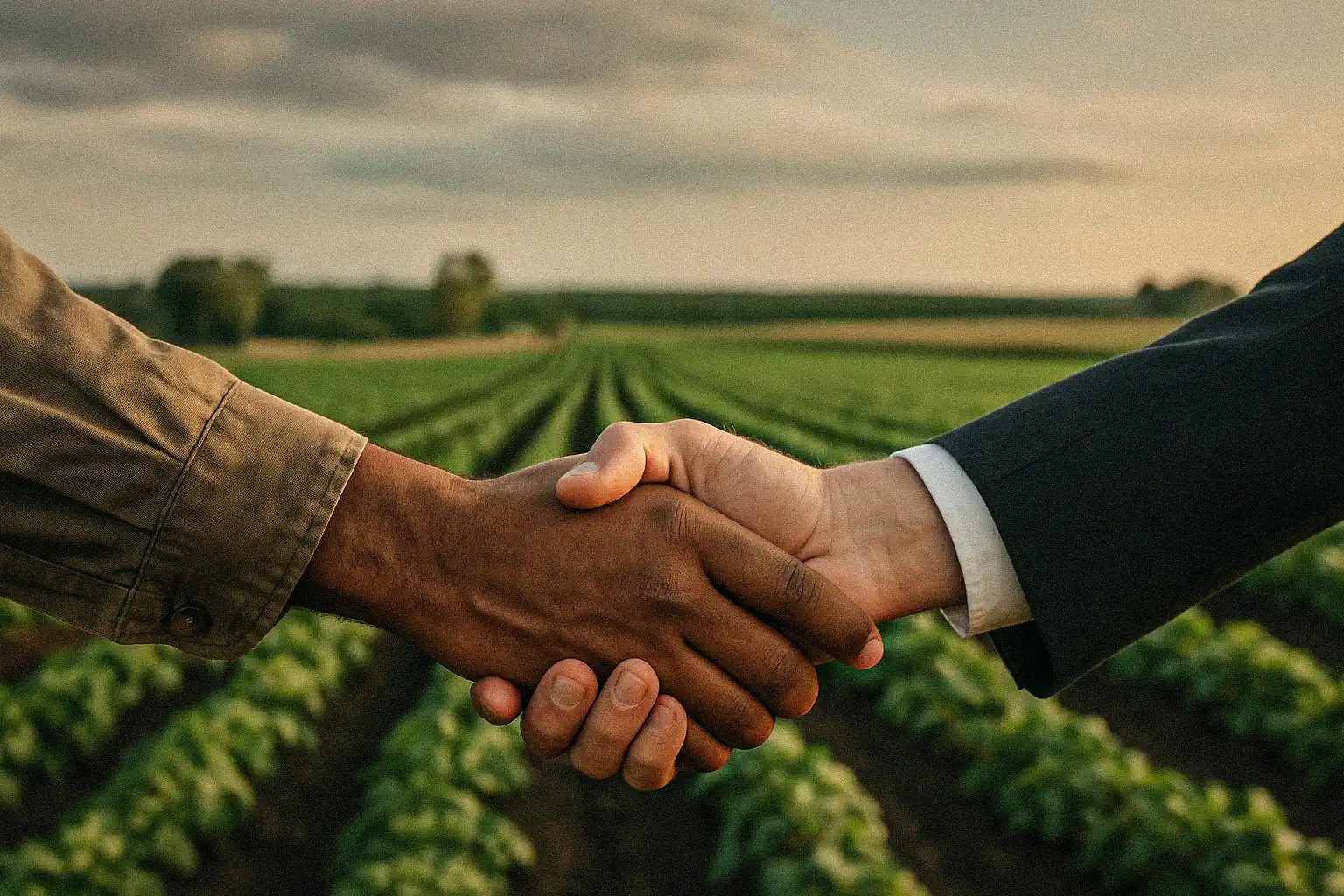 Handshake between farmer and executive in front of farmland symbolising ethical sourcing and global compliance in the medical cannabis UK supply chain