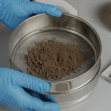 Functional mushroom extract being sifted and prepared in a pharmaceutical lab for clinical-grade supplements