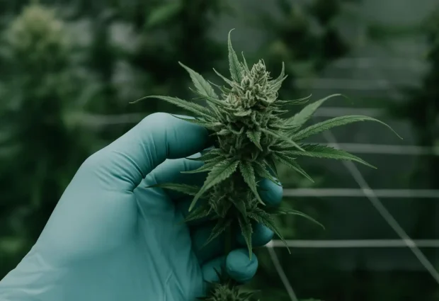 Gloved hand holding mature cannabis bud in pharmaceutical-grade indoor cultivation facility in the UK