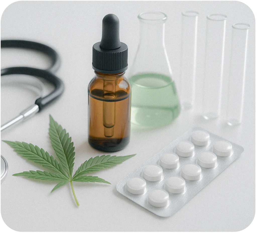 Medical cannabis oil bottle, green cannabis leaf, pills, and lab equipment representing pharmaceutical-grade natural medicine in the UK