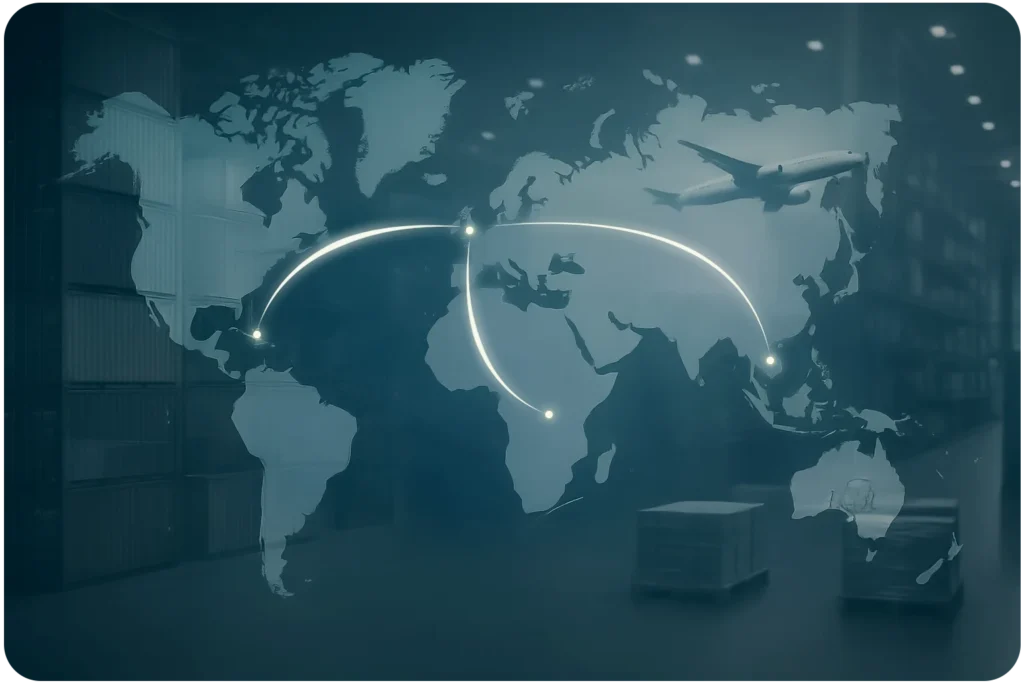 Map showing GCF Pharma’s global medicinal cannabis distribution routes from the UK to Jamaica, Africa and Thailand