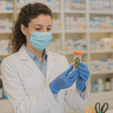UK pharmacist in mask and gloves examining medical cannabis container in a clinical dispensary