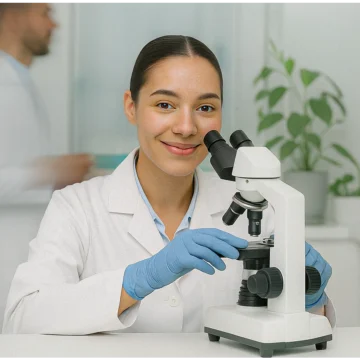 Female scientist smiling while working in a pharmaceutical lab analysing medical cannabis samples under a microscope in the UK