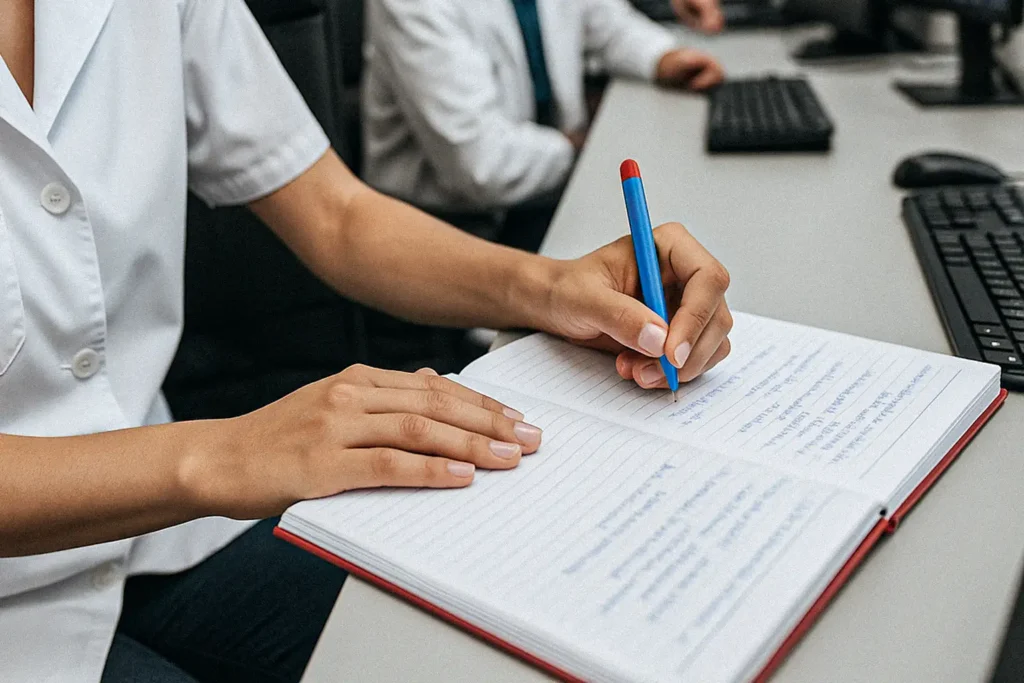 Healthcare professional taking notes during medical cannabis training session in the UK
